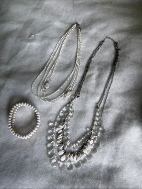 2 Necklaces and 1 Bracelet:Elegant White Bead and Crystal Multi-Strand Necklace